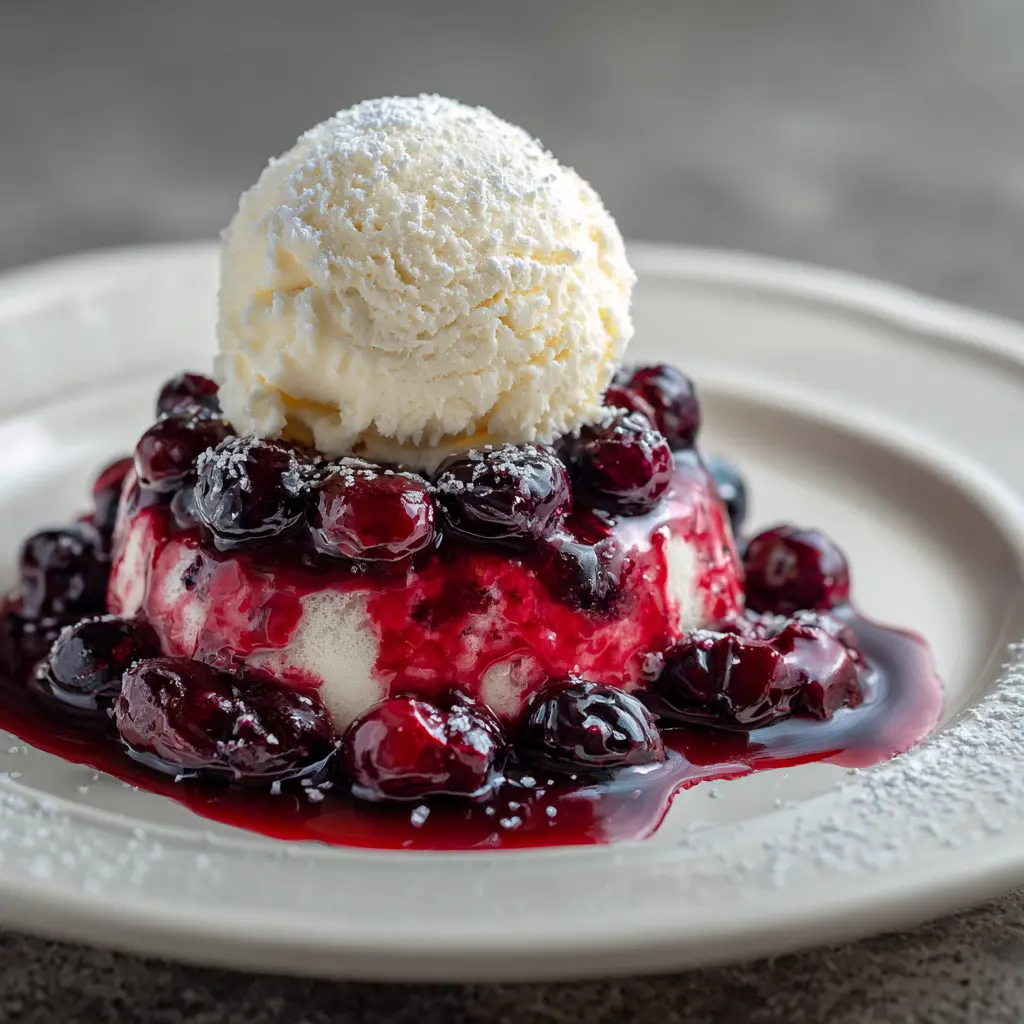 Freshly baked rustic huckleberry dessert in a ceramic dish on a wooden table