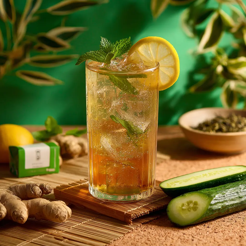 Glass pitcher of Japanese Mounjaro Detox Drink with lemon, cucumber, and mint on a wooden tray