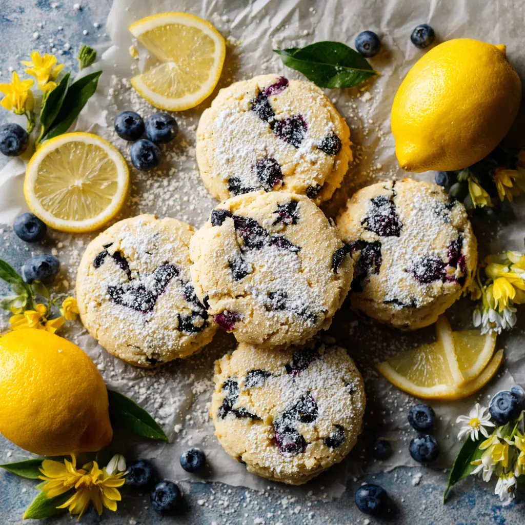 Stack of soft lemon blueberry cookies with fresh blueberries and lemon slices