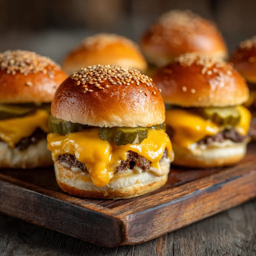 Mini Big Mac cheeseburgers on a serving tray with melted cheese