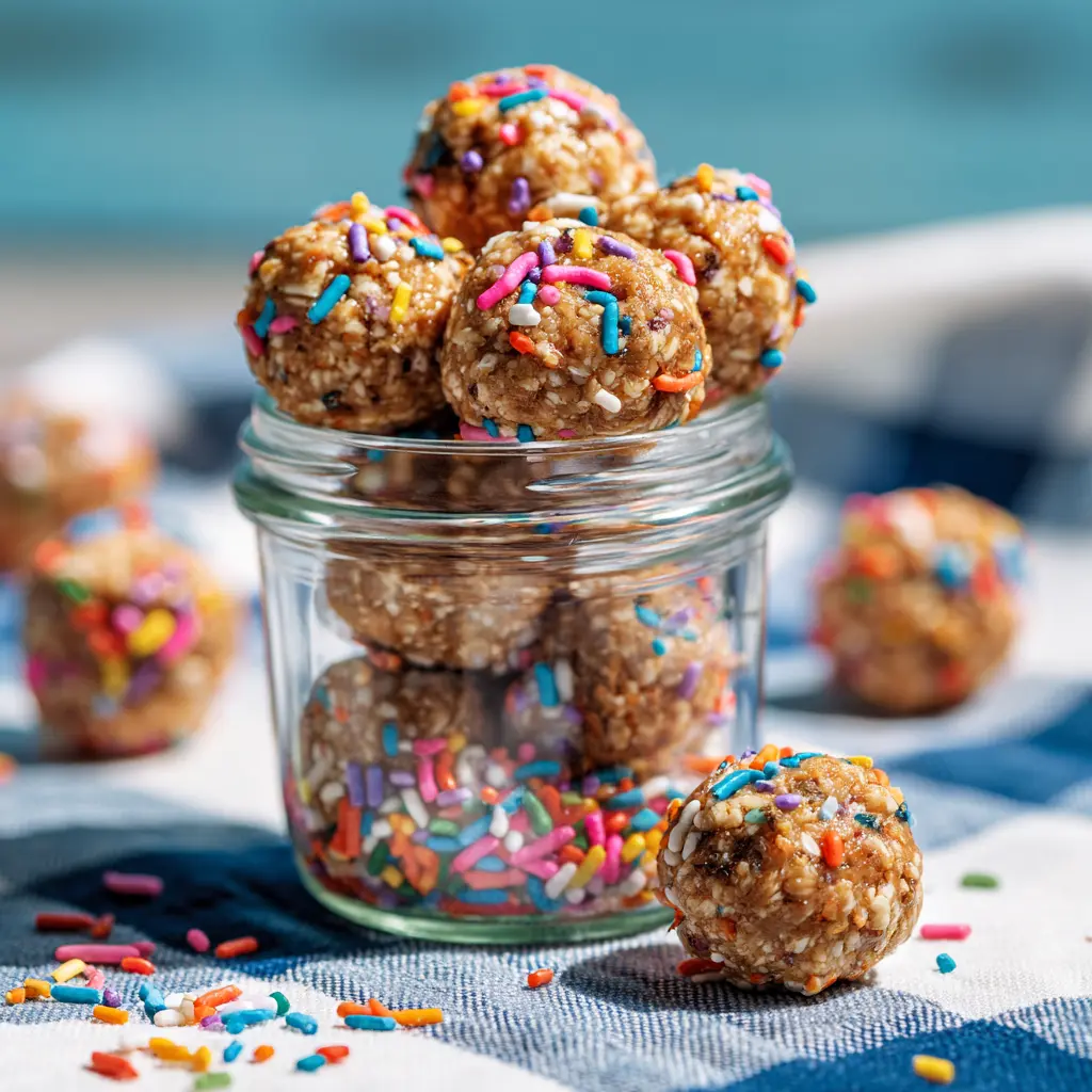 A rustic board filled with colorful Monster Cookie Energy Balls made of oats, M&Ms, chocolate chips, and peanut butter.