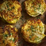 Top-down shot of golden-brown cabbage steaks roasted with garlic and herbs.