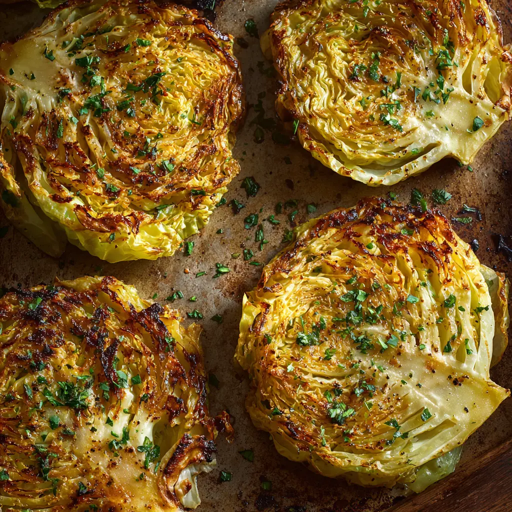 Top-down shot of golden-brown cabbage steaks roasted with garlic and herbs.