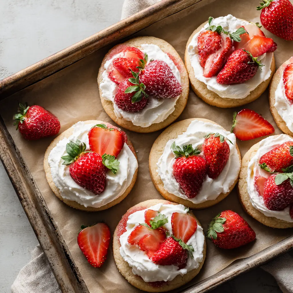 Soft strawberry shortcake sugar cookies with whipped cream on a rustic plate