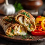 Close-up of a cheesy garlic chicken wrap sliced open with gooey cheese and herbs on a wooden plate