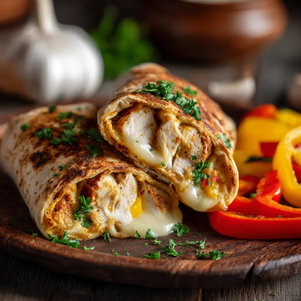 Close-up of a cheesy garlic chicken wrap sliced open with gooey cheese and herbs on a wooden plate
