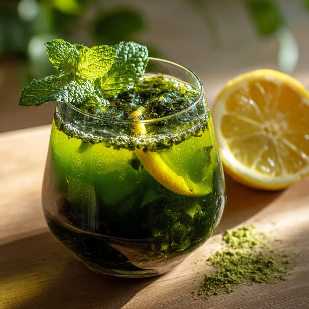 A close-up of a detox drink made with fucoxanthin, green tea, lemon, and mint in a clear glass on a wooden table