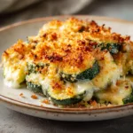Close-up of baked zucchini and cheese casserole with golden breadcrumbs and bubbling melted cheese