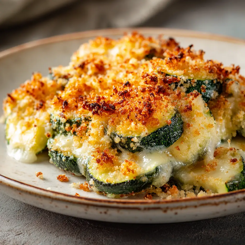 Close-up of baked zucchini and cheese casserole with golden breadcrumbs and bubbling melted cheese