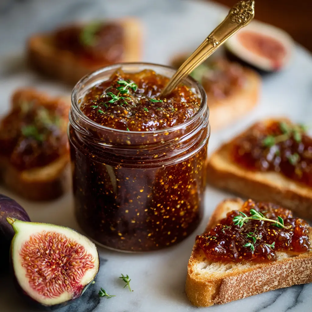 Overhead shot of rustic fig jam with fresh figs and toast