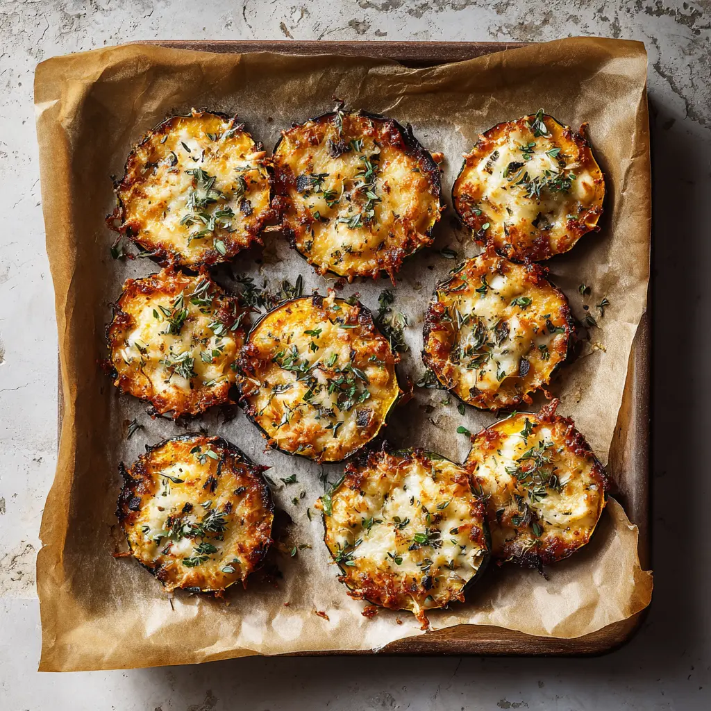 Crispy squash rounds baked with cheese and herbs on a tray