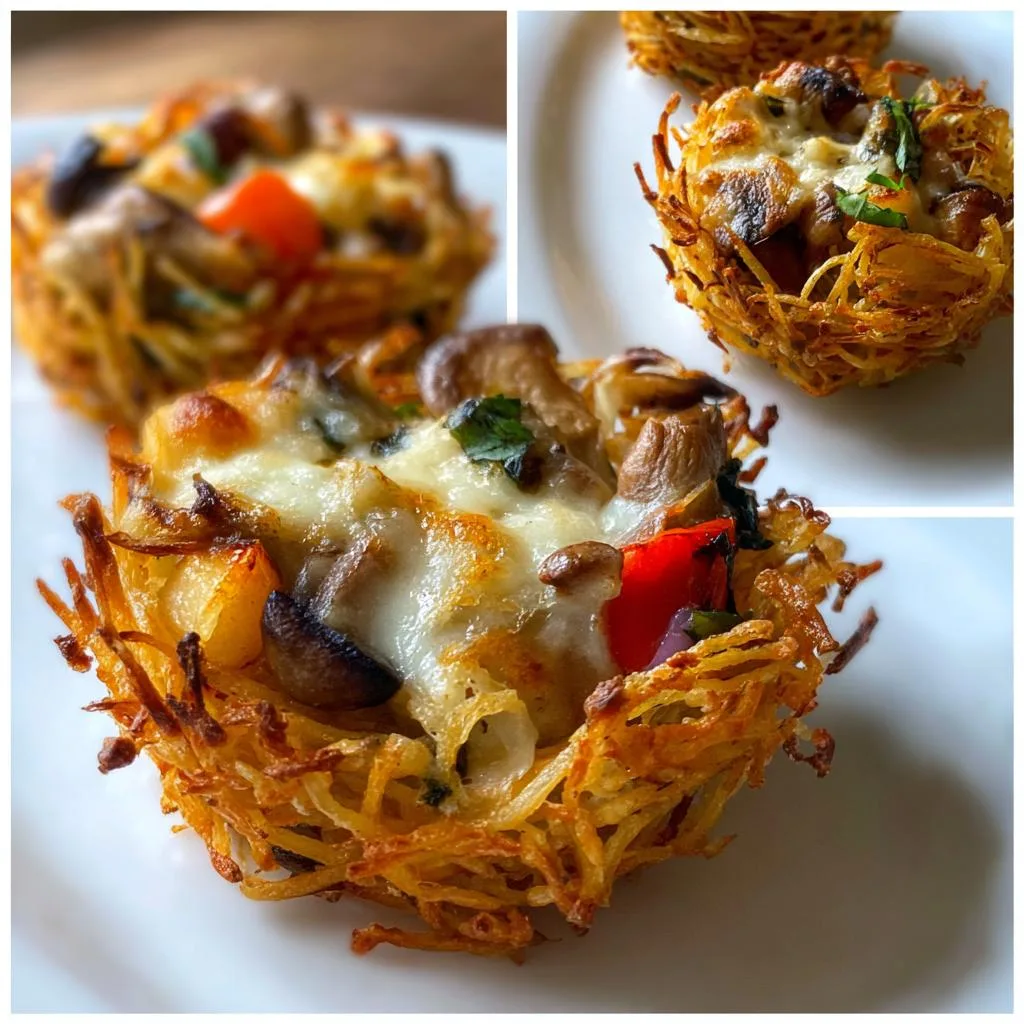 Vegetable & Mushroom Potato Nests with Creamy Cheese Filling