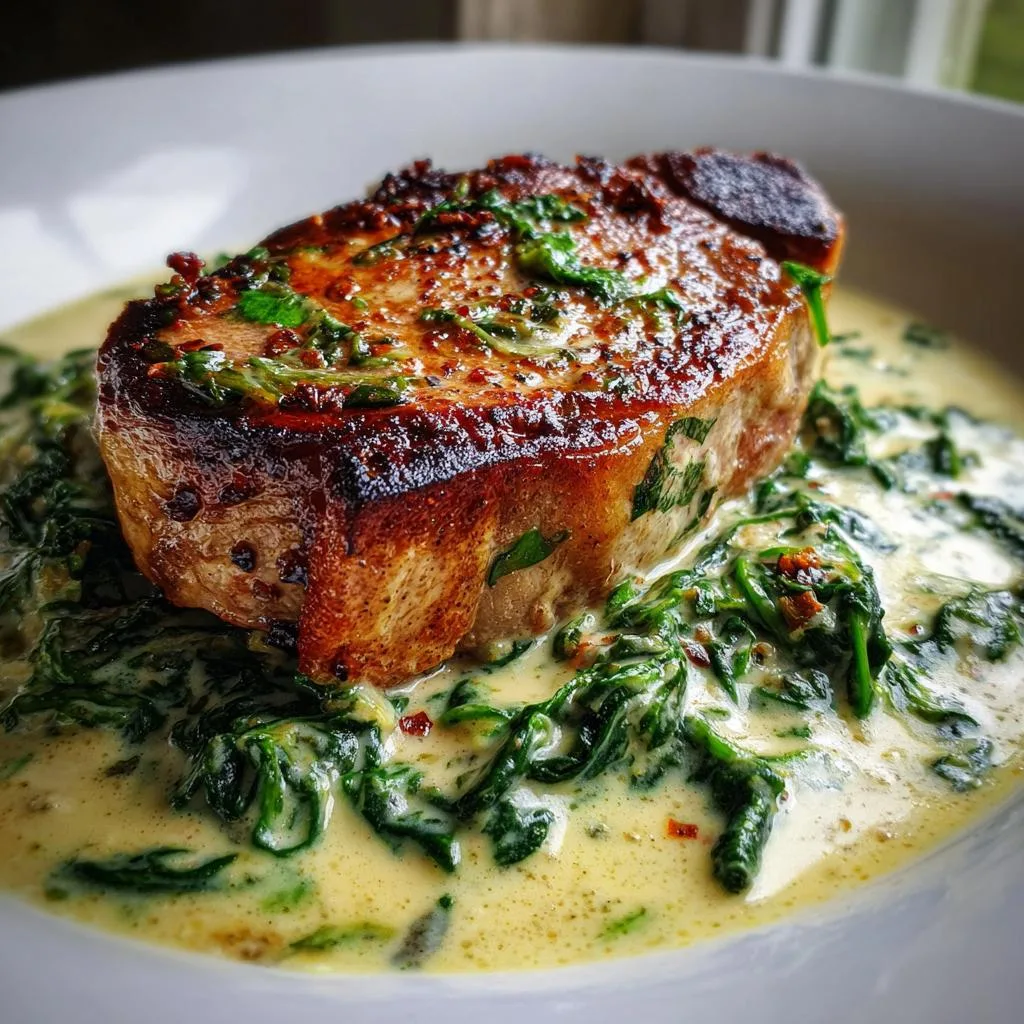 Boneless Pork Chops in Creamy Garlic Spinach Sauce