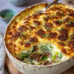 Ovenschotel met prei, gehakt en mosterdkaas