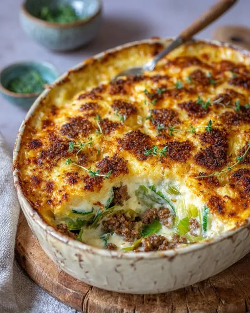 Ovenschotel met prei, gehakt en mosterdkaas