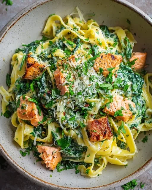 Romige zalmpasta met spinazie