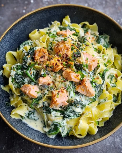Tagliatelle met zalm, spinazie en Boursin-roomsaus