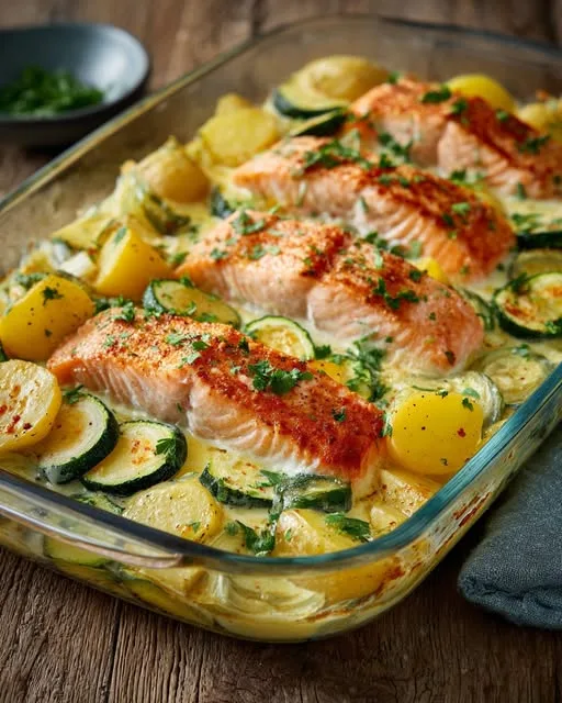 Zalm-ovenschotel met Zoete Aardappel en Courgette