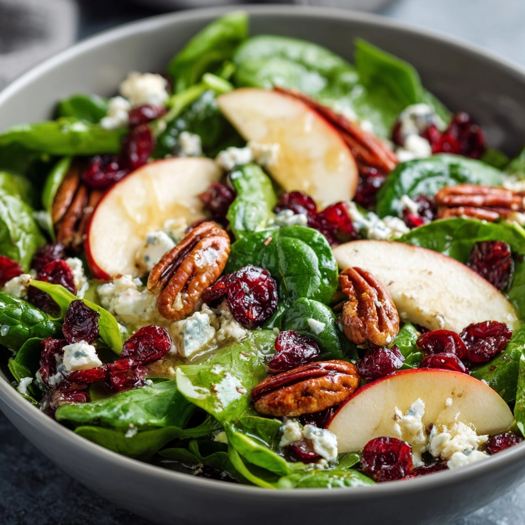 Apple Spinach Salad with Pecans, Cranberries, Goat Cheese, and homemade Maple-Lime Mustard Dressing.