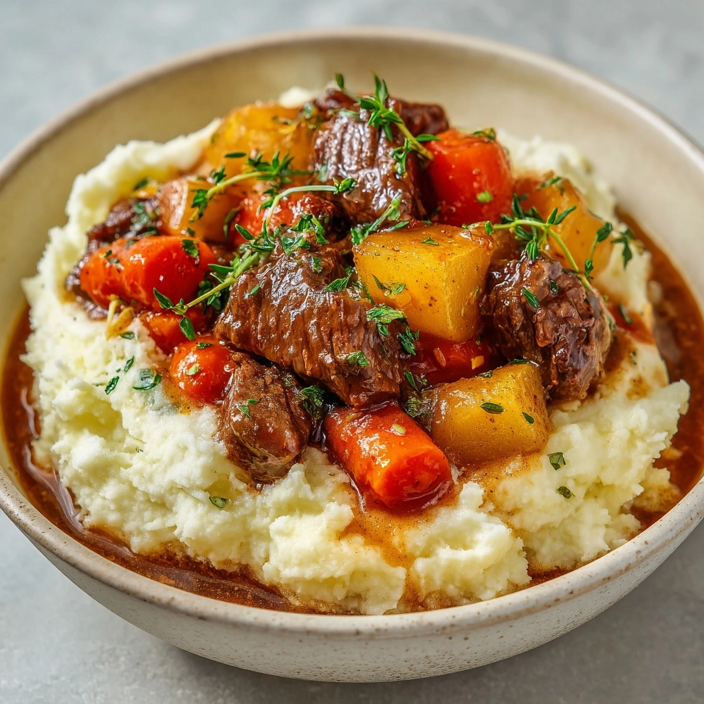 Fall Apple Cider Beef Stew over Mashed Potatoes Dinner Recipe