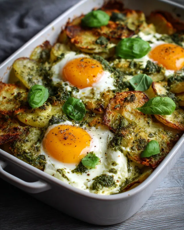 Feta‑pesto‑eieren‑ovenschotel met aardappelschijfjes