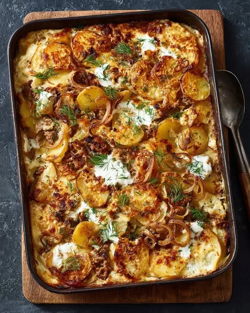 Griekse Gyros-Ovenschotel met Aardappel en Tzatzikisaus