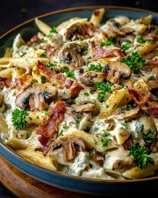 Pasta Boursin met spekjes en champignon