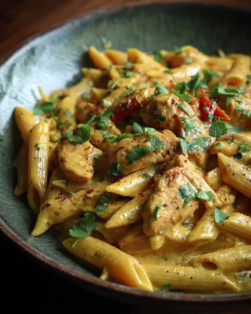 Penne met romige kokos-curry en kip