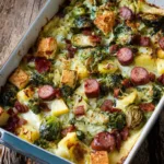 Zuurkool-ovenschotel met rookworst, spekjes en kaas