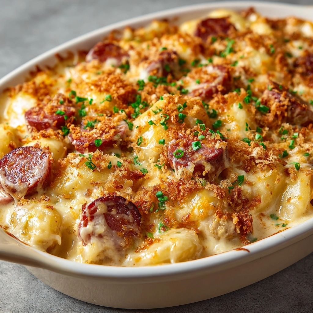 Indulge in a Cheesy Polish Comfort Classic: Kielbasa Pierogi Bake!