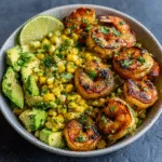 Grilled Shrimp Bowl with Avocado, Corn Salsa & Creamy Sauce