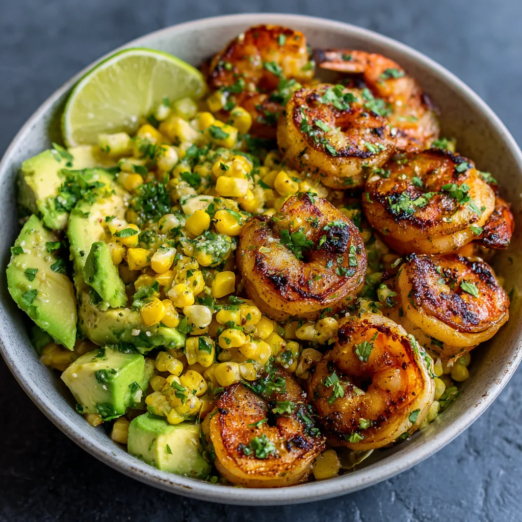 Grilled Shrimp Bowl with Avocado, Corn Salsa & Creamy Sauce