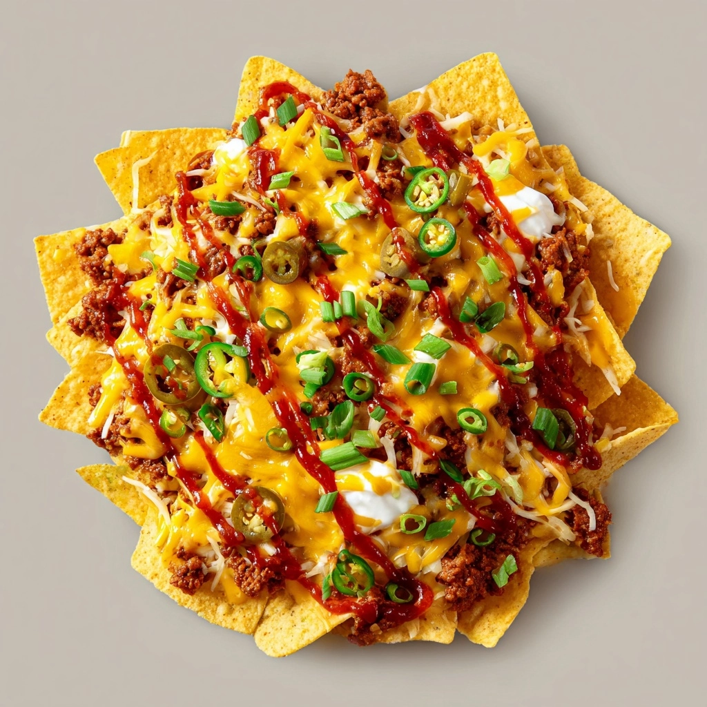 Nacho dish with minced meat, cheese and chili sauce