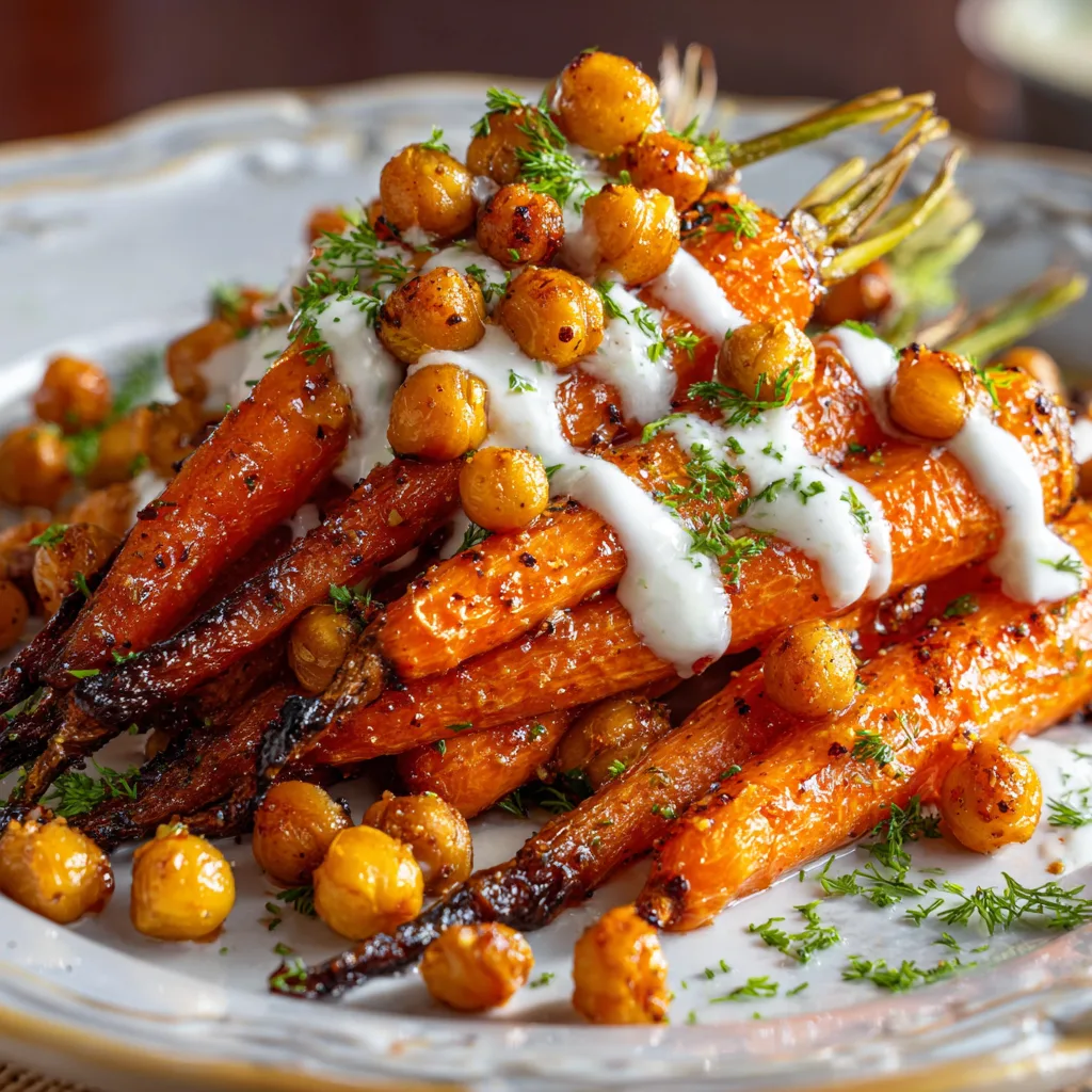 Spicy maple roast carrots with crispy chickpeas and yogurt sauce