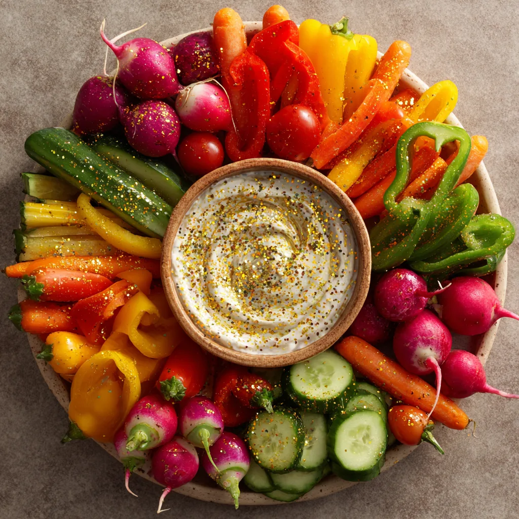 Rainbow Veggie Platter with Pot of Gold Dip
