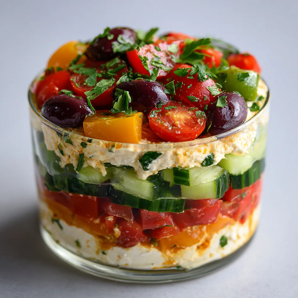 7-Layer Greek Dip with Feta, Hummus, and Fresh Spring Veggies