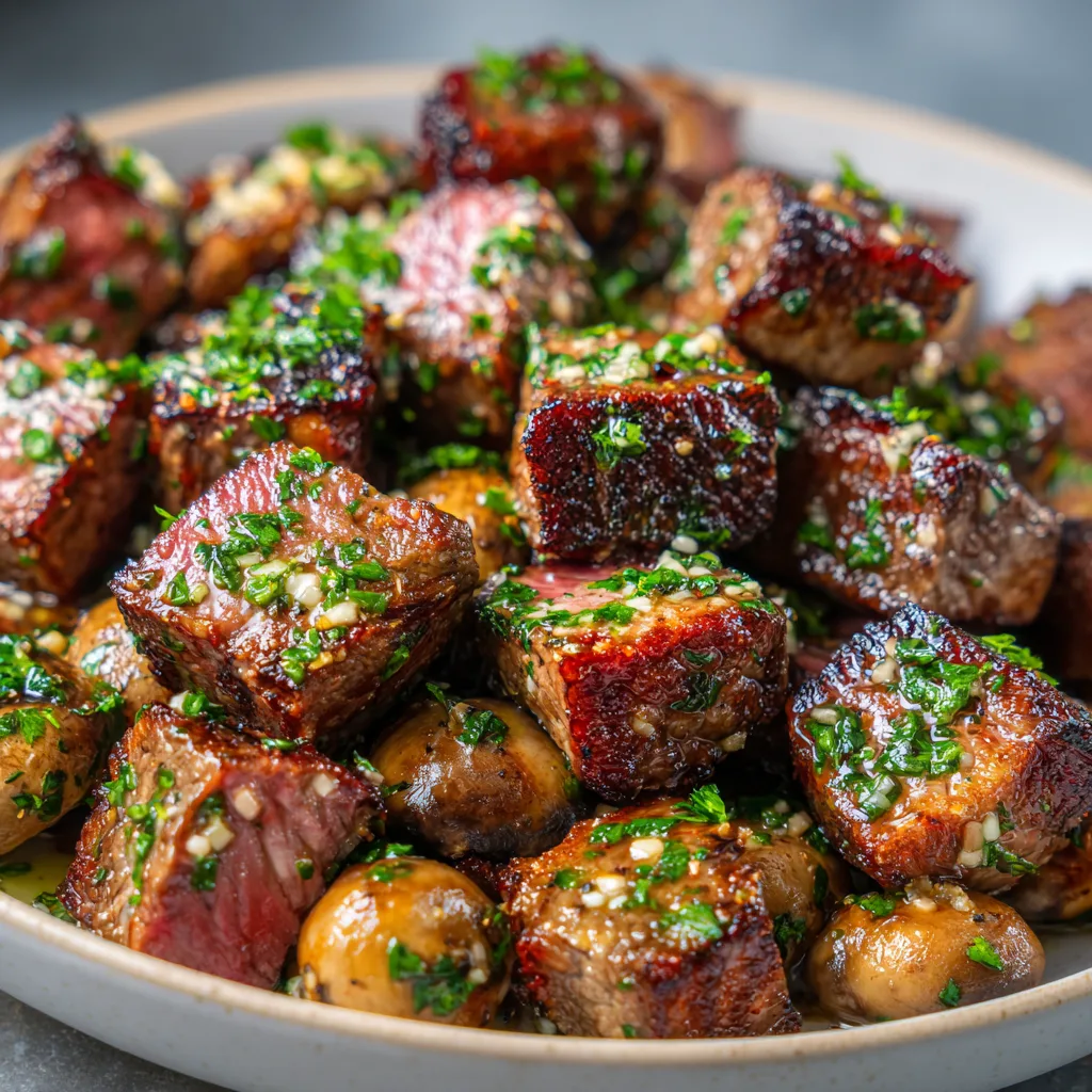 Air Fryer Steak Bites with Garlic Butter and Sautéed Mushrooms
