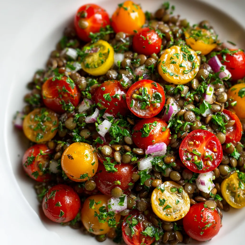 French Green Lentil Salad with Cherry Tomatoes (The Most Sustainable Protein)