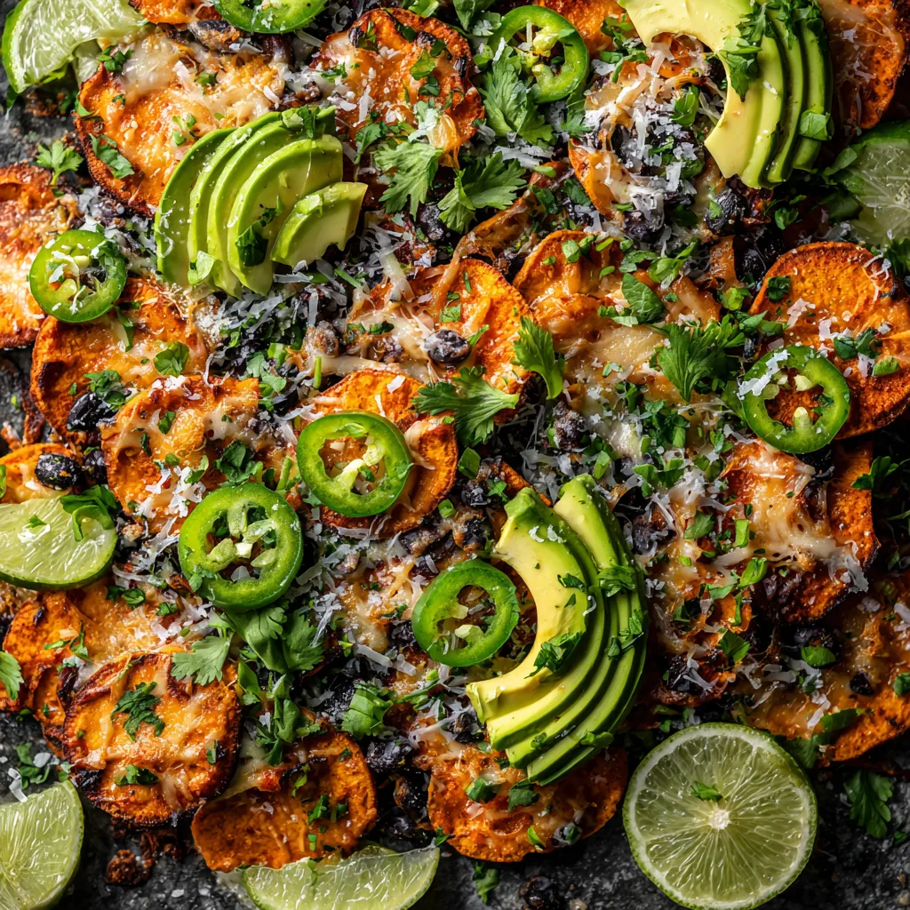 Loaded Sweet Potato Nachos with Black Beans, Avocado, and Lime