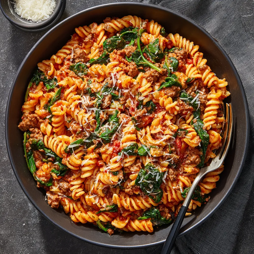 One-Pot Creamy Tomato Pasta with Beef and Hidden Spinach
