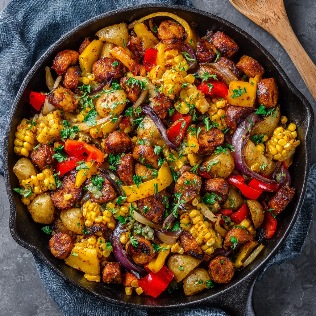Rustic Vegan Corn Potato Sausage Skillet for an Earth-Friendly Dinner