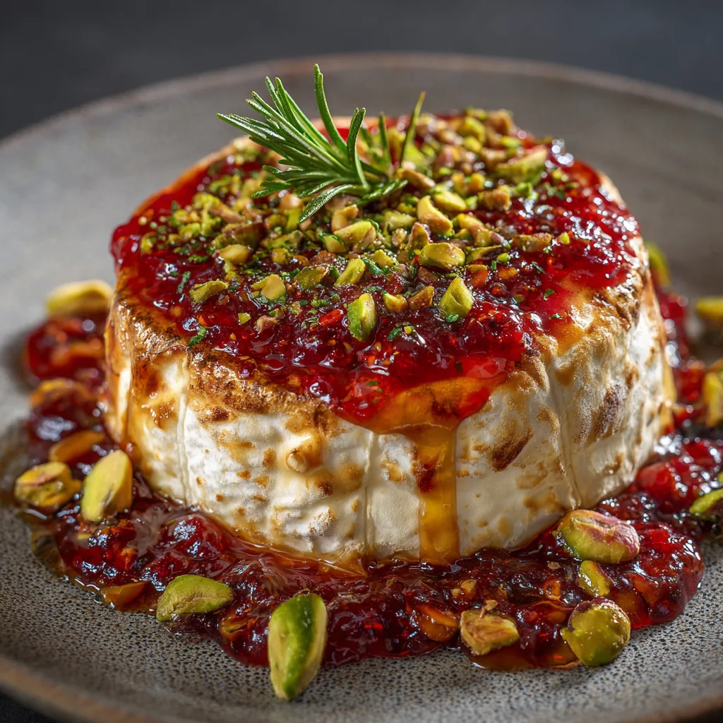 Baked Brie with Strawberry Jam and Pistachios (vegetarian)