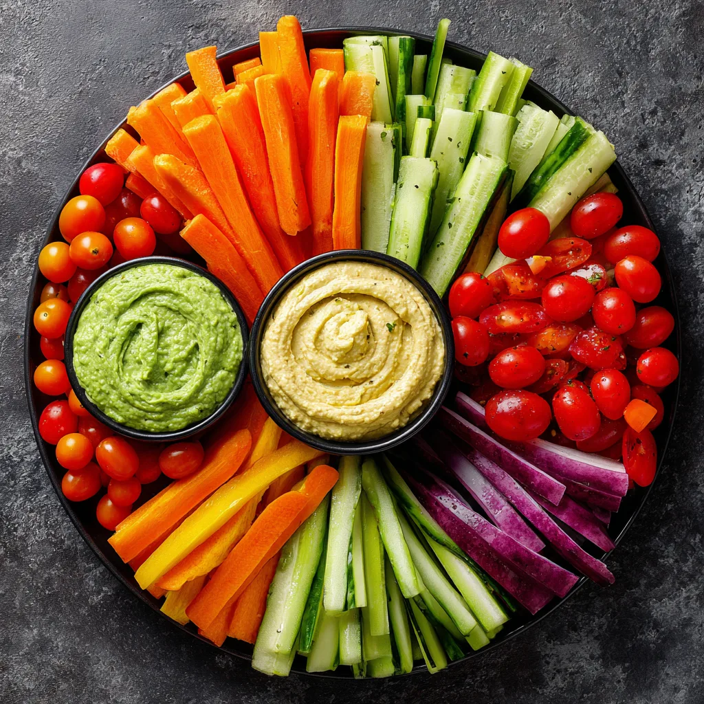 Colorful Veggie Tray with 3 Dips