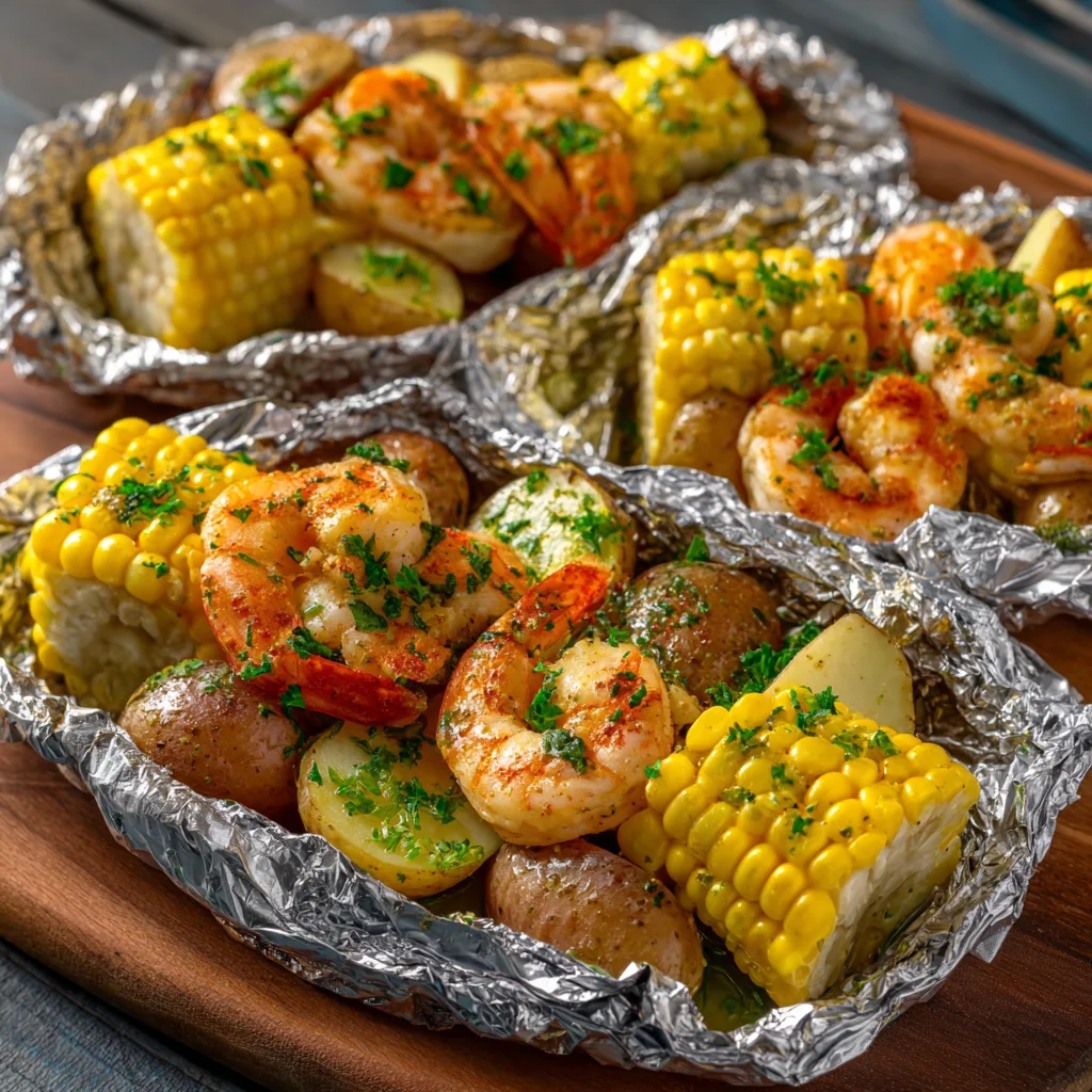 Shrimp Boil Foil Packs with Corn and Potatoes (grilling)