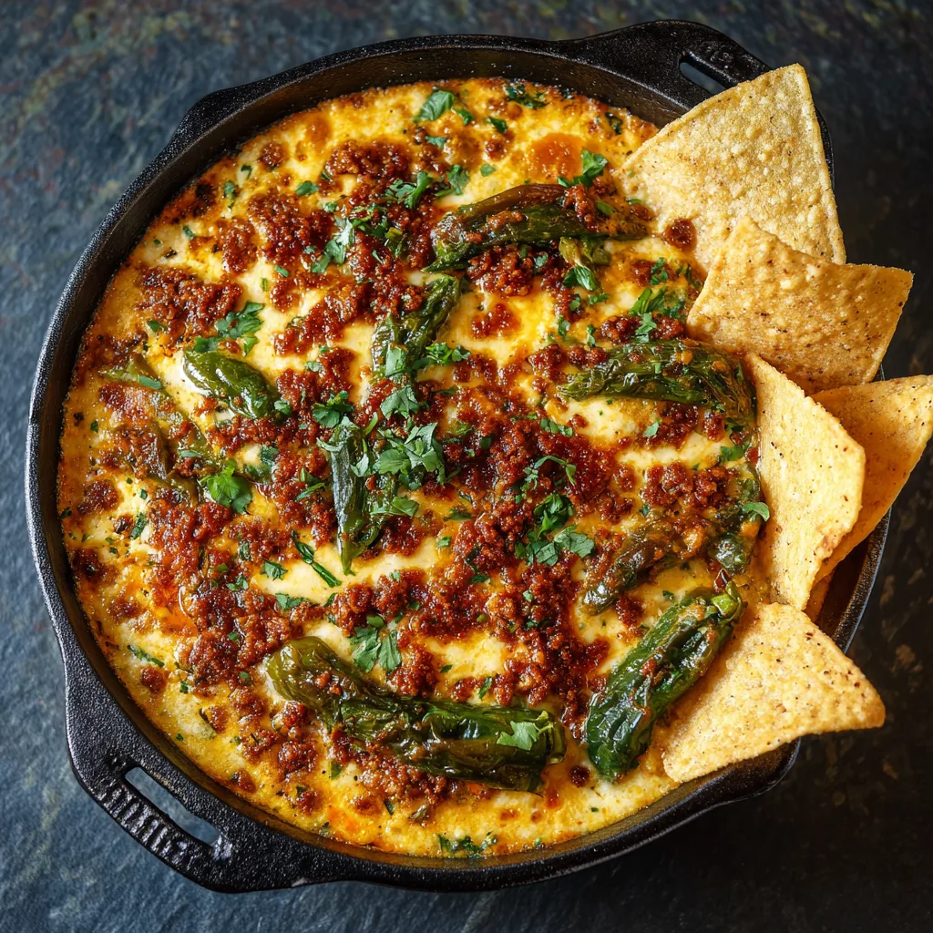 Skillet Queso Fundido with Chorizo & Roasted Poblanos