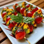 Caprese Skewers with Cherry Tomatoes, Peach, and Basil Drizzle