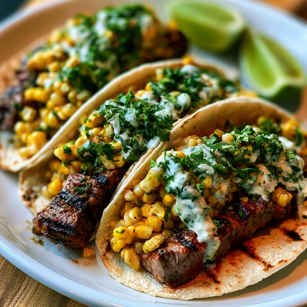 Grilled Steak Street Corn Tacos with Creamy Jalapeño Sauce