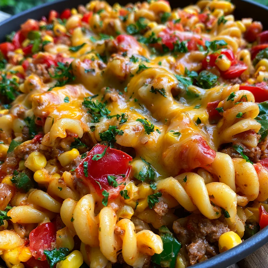 One-Pot Taco Pasta with Fire-Roasted Corn and Cheddar