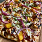 Peach BBQ Chicken Flatbread with Red Onion and Mozzarella