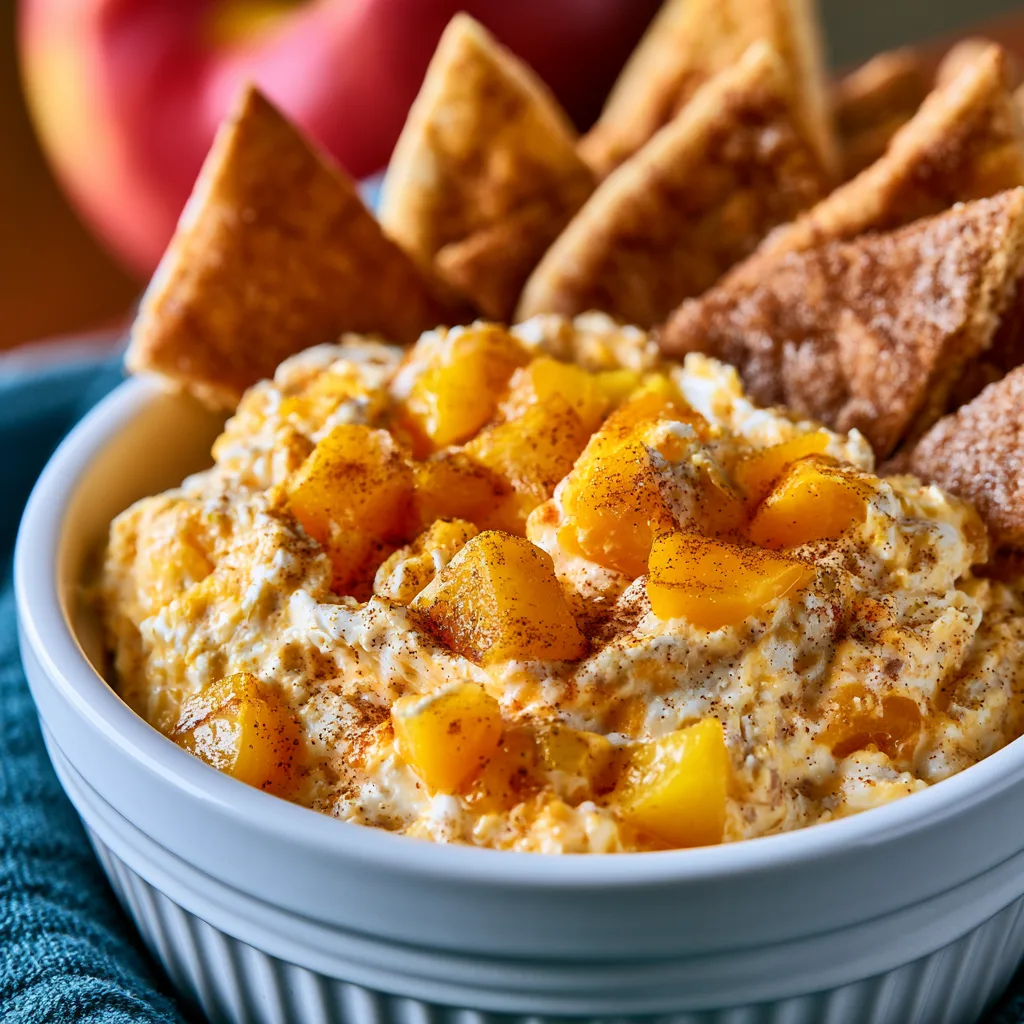 Peach Cobbler Cheesecake Dip with Cinnamon Sugar Pita Chips